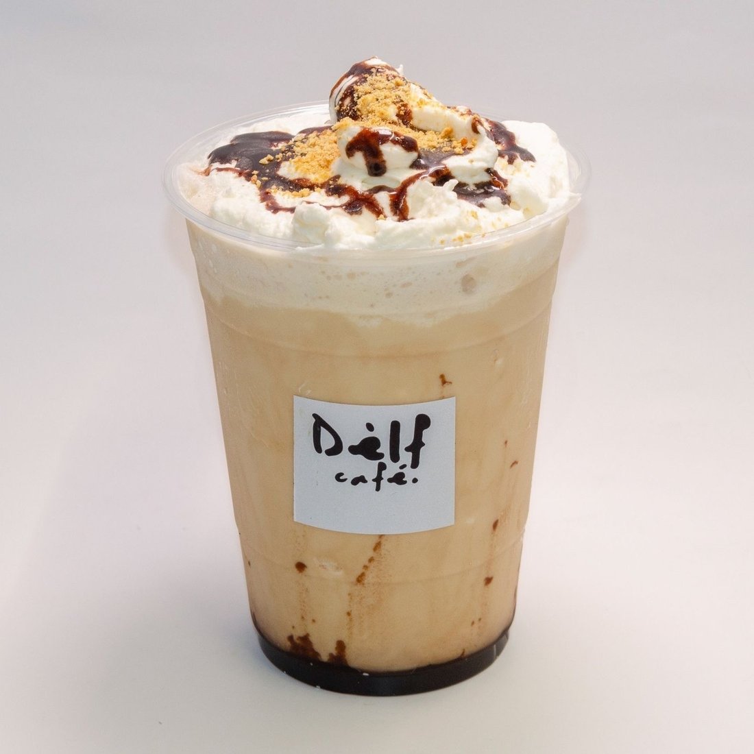 S'mores frappe with whipped cream, chocolate drizzle and graham crumble at Dèlf Café
