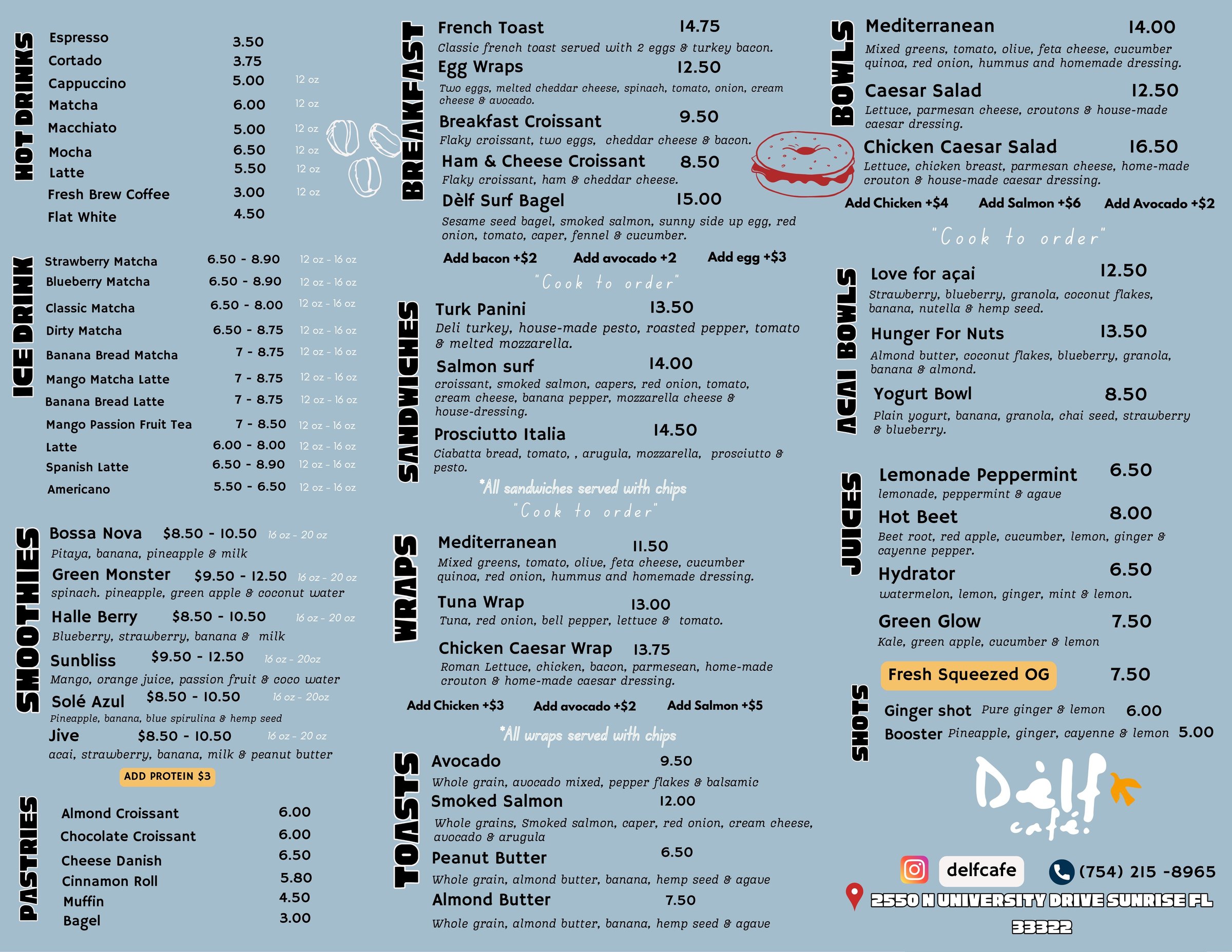 Dèlf Café printed menu — hot drinks, iced drinks, smoothies, breakfast, sandwiches, wraps, toasts, bowls, açaí bowls, juices and shots